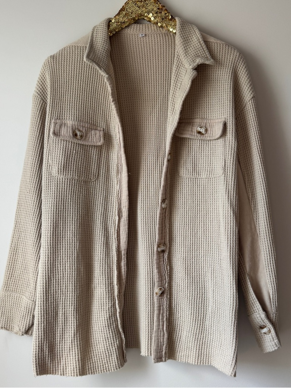 Waffle Knit Button-Up Shirt Jacket in Light Beige